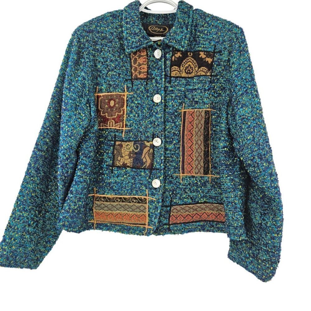 Alex Kim Tweed Patchwork Button Front Jacket Women’s Size L Artsy Art To Wear
